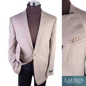 NWT Ralph Lauren Tweed Blazer 44L 2 Button Beige Houndstooth Sport Coat Jacket